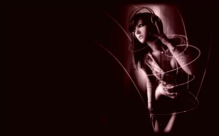 HD PC desktop wallpaper/background: woman wearing headphones with swirling light trails on a dark maroon, music-themed scene.