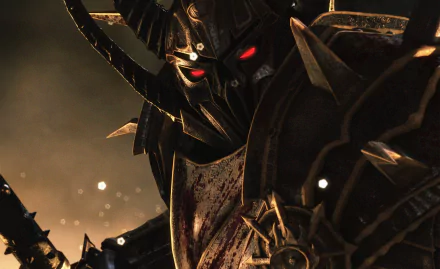 HD PC desktop wallpaper of a Warhammer video game: blood-stained spiked black armor and horned helmet with glowing red eyes, weapon raised against a smoky backdrop.