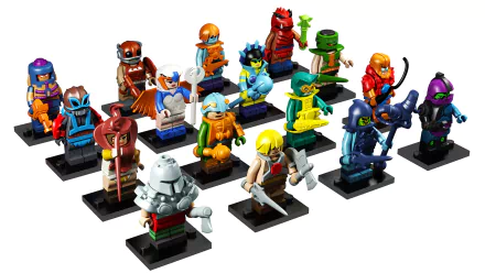 HD desktop wallpaper featuring a colorful array of Lego characters posed on stands.