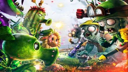 HD desktop wallpaper from Plants vs. Zombies: Garden Warfare, featuring various plants and zombies in a vibrant and detailed battle scene.