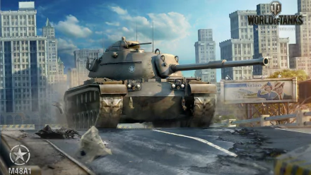 An HD desktop wallpaper featuring a tank from the video game World of Tanks, set against an urban backdrop with damaged roads and buildings, conveying a dynamic battlefield atmosphere.