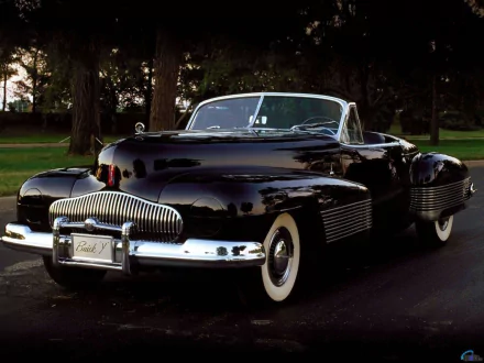 Sleek black Buick Y-Job convertible parked on a tree-lined road, high-gloss finish and chrome details — HD PC desktop wallpaper/background.
