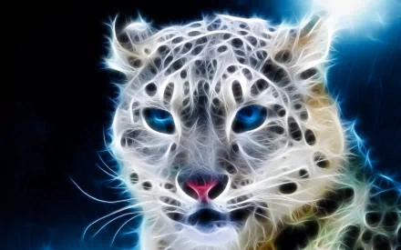 HD desktop wallpaper of a snow leopard, digitally enhanced to feature an ethereal glow and luminous blue eyes against a dark background.