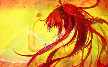 HD desktop wallpaper featuring a vibrant illustration of Shana from Shakugan No Shana with flowing red hair and dynamic yellow and orange background.