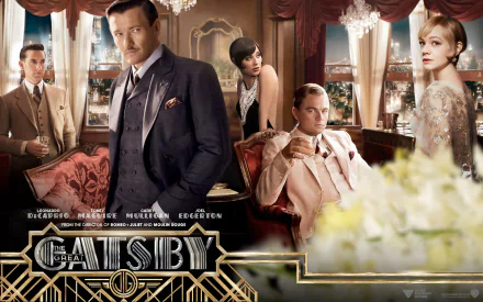 HD wallpaper featuring The Great Gatsby with Leonardo Dicaprio, Tobey Maguire, Carey Mulligan, Elizabeth Debicki, and Joel Edgerton.