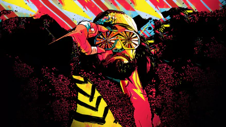 HD PC desktop wallpaper: vivid, stylized portrait of a bearded man in a bandana and starburst sunglasses, neon paint splashes and bold 1980s pro-wrestler–style graphics.