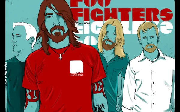 A vibrant HD desktop wallpaper featuring the Foo Fighters, showcasing band members in a bold, graphic style with striking colors and text elements.
