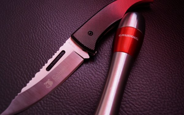 Man Made Knife Flashlight Steel Silver Red Leather Grundig HD Wallpaper | Background Image