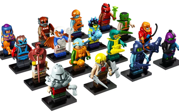 HD desktop wallpaper featuring a colorful array of Lego characters posed on stands.