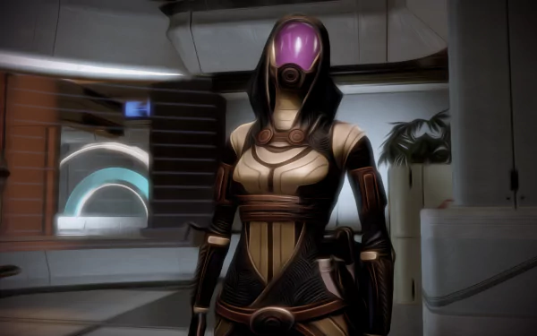 HD PC desktop wallpaper featuring Tali'Zorah from the video game Mass Effect 2, showcasing her in detailed armor inside a futuristic interior.