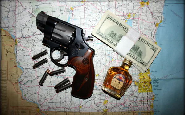 HD PC desktop wallpaper showing a handgun with bullets, a stack of cash, and a bottle of liquor on a detailed map background.