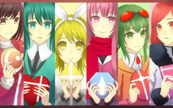 HD PC anime Vocaloid wallpaper showing CUL, Meiko, Rin Kagamine, GUMI, Kaito and Hatsune Miku in vertical panels, each holding a glowing geometric orb.