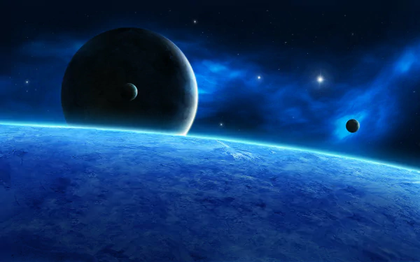 HD PC desktop wallpaper: sci‑fi planetscape showing a blue alien horizon, a curved planet in the foreground, two moons and a glowing nebula-filled starfield.