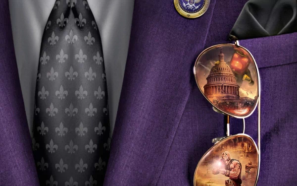 A stylish purple suit with a black tie featuring a fleur-de-lis pattern, complemented by sunglasses reflecting iconic scenes, inspired by Saints Row IV. High-definition PC desktop wallpaper.