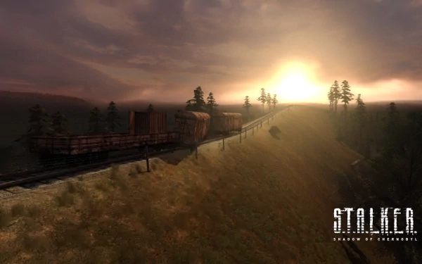 HD desktop wallpaper from the video game S.T.A.L.K.E.R.: Shadow of Chernobyl featuring a sunset over a train crossing a desolate landscape.