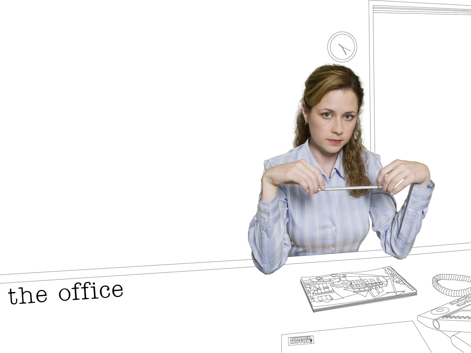 HD wallpaper of a female character from The Office (US) looking tired at her desk, with sketched office elements.