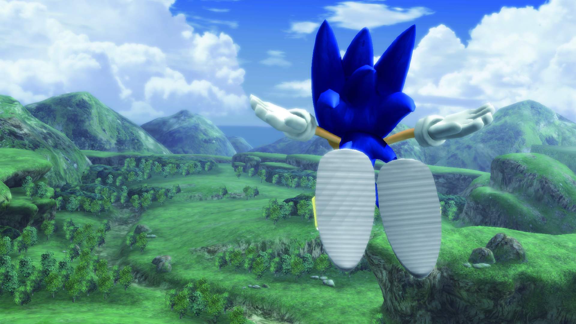 HD wallpaper featuring Sonic the Hedgehog flying over green hills, from the 2006 video game.