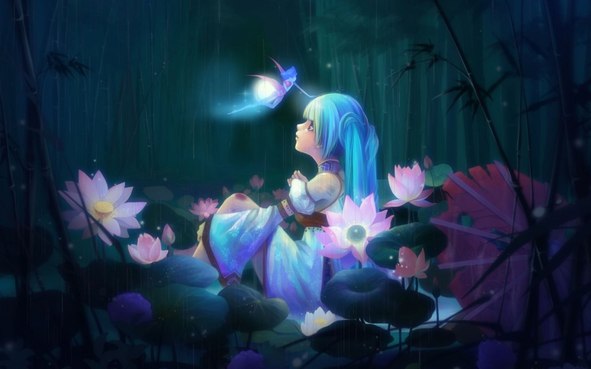 HD desktop wallpaper featuring Hatsune Miku from Vocaloid, adorned in a traditional outfit, sitting amidst luminous lotus flowers in a mystical, rain-soaked setting.