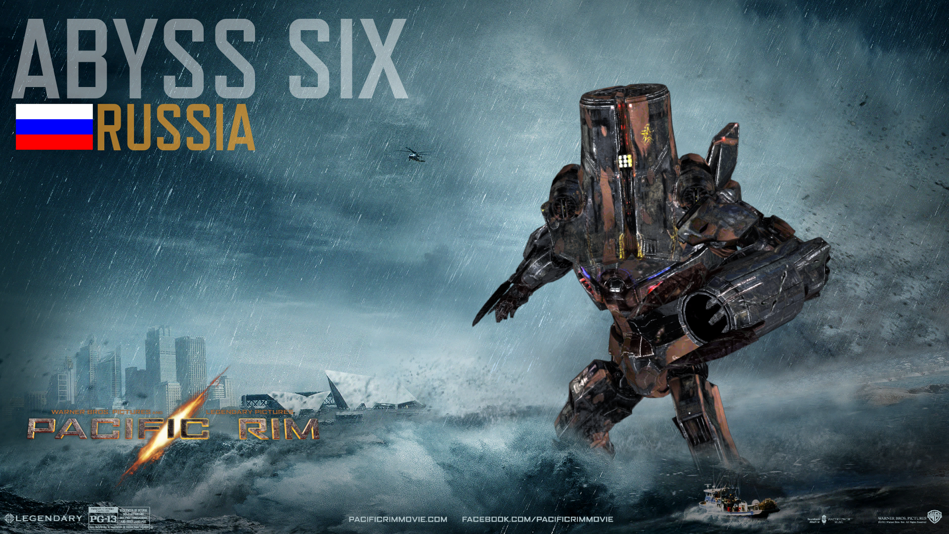 HD PC desktop wallpaper featuring the robot Abyss Six from the movie Pacific Rim, set against a stormy, foggy battlefield with a Russian flag accent.