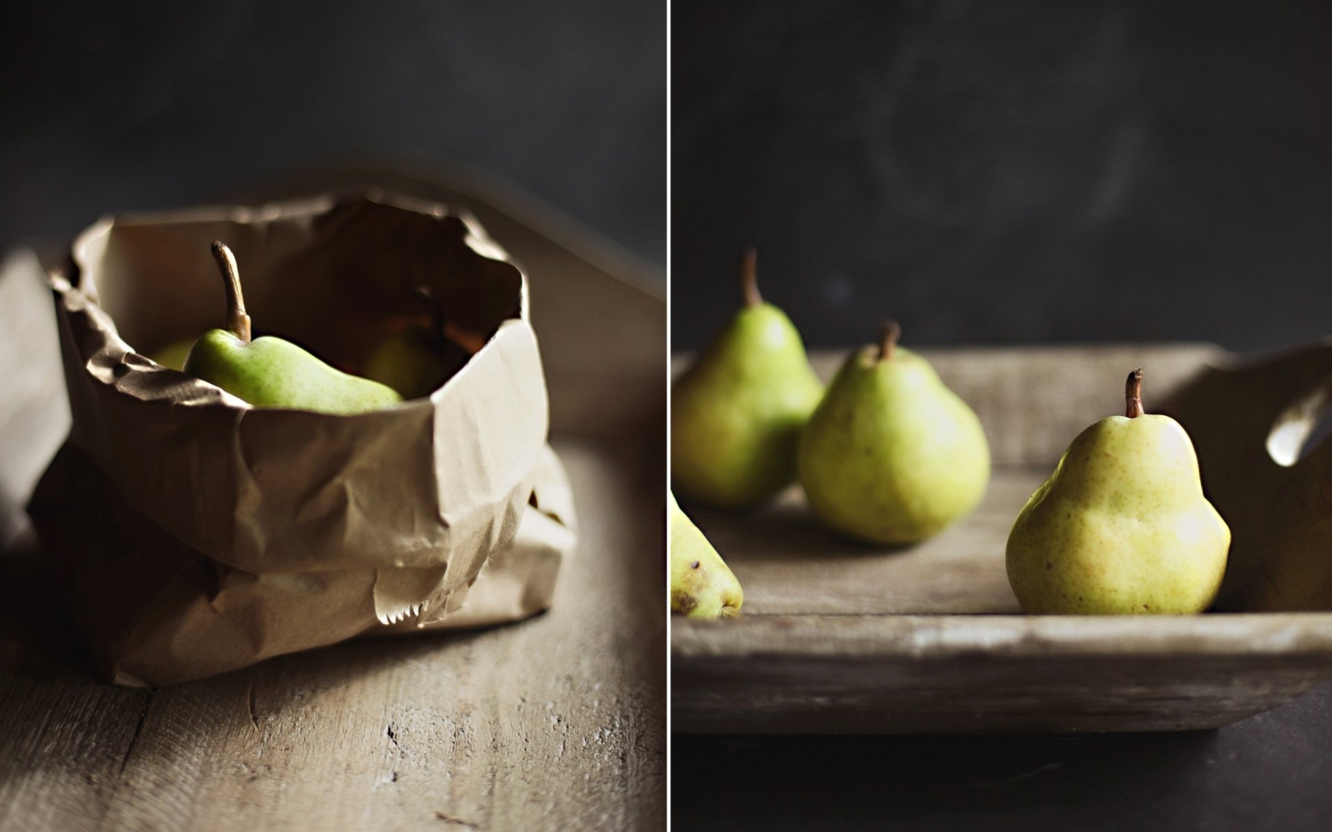 2K Quad HD PC desktop wallpaper featuring food: green pears in a crumpled paper bag and as a still-life on a rustic tray, moody low-key lighting.