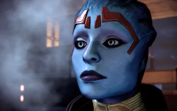 Samara (Mass Effect) close-up portrait from Mass Effect 2 — blue-skinned Asari gazing against a smoky backdrop. 2K Quad HD PC desktop wallpaper/background.