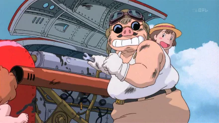 An HD desktop wallpaper featuring characters from the anime Porco Rosso. The scene shows a mechanic pig wearing goggles, cheerfully working on a plane, with a child beside him.