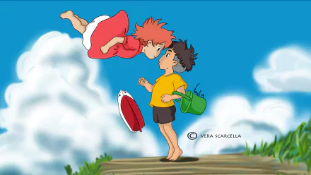 HD desktop wallpaper of Ponyo and Sosuke from the animated film Ponyo, with Ponyo in midair and Sosuke looking on.
