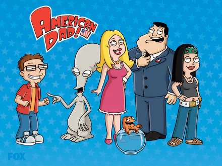 HD wallpaper featuring the animated characters from American Dad! including Stan, Francine, Steve, Hayley, Roger, and Klaus against a blue starry background.