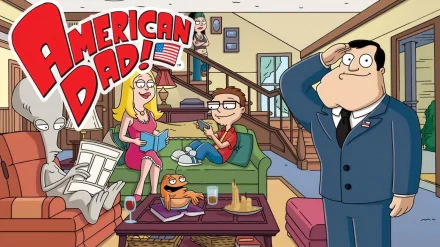 HD wallpaper featuring characters from American Dad! in their living room with the show's logo prominently displayed.