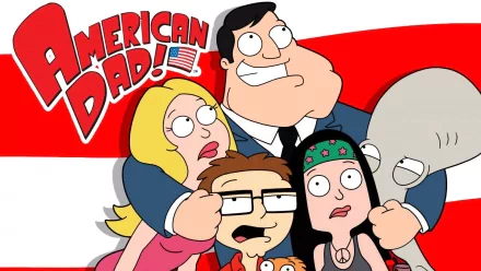 HD desktop wallpaper featuring characters from American Dad! with the show's logo and a stylized American flag background.