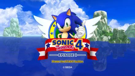 HD desktop wallpaper featuring Sonic the Hedgehog from Sonic The Hedgehog 4: Episode I against a blue sky and ocean backdrop.