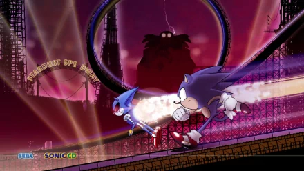 HD wallpaper from Sonic CD featuring Classic Sonic and Metal Sonic in a race, with the Stardust Speedway sign in the background.