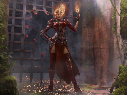 HD PC desktop wallpaper featuring a fiery Magic: The Gathering character in detailed armor, standing confidently in a mystical, ancient setting.