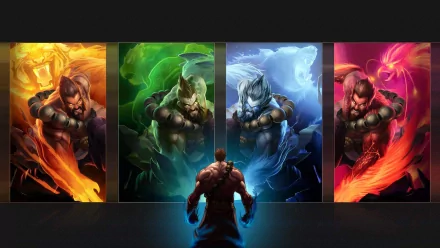 HD desktop wallpaper featuring Udyr from League of Legends, depicted in dynamic elemental forms: fire, earth, wind, and ice, arranged in a striking panel design.
