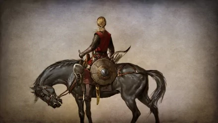 HD PC desktop wallpaper featuring a Mount & Blade video game scene with a medieval warrior riding a horse against a muted background.