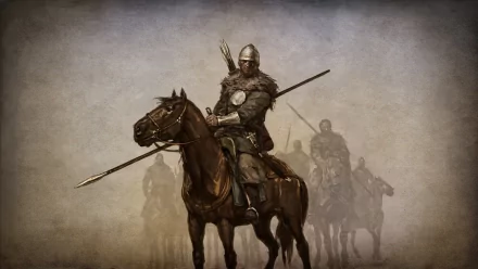HD PC desktop wallpaper featuring a medieval warrior on horseback from the Mount & Blade video game, set against a foggy, battle-ready backdrop.