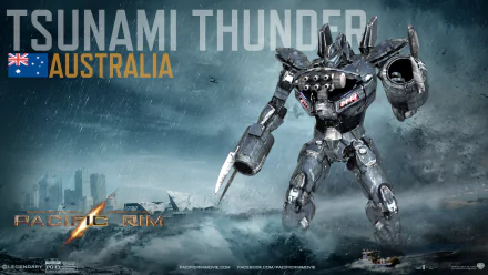 HD PC desktop wallpaper featuring a Pacific Rim movie Jaeger named Tsunami Thunder from Australia, set against a stormy, city-destroyed backdrop.