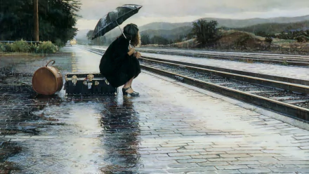 HD wallpaper depicting a contemplative woman with an umbrella sitting on railroad tracks in a rainy, scenic landscape.