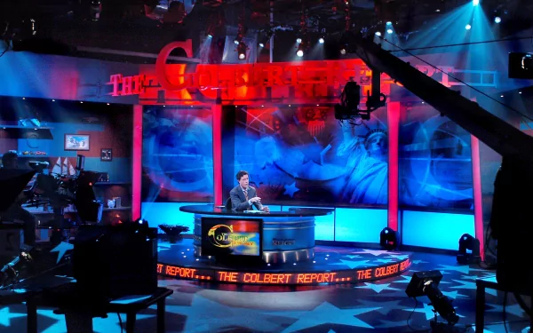 HD wallpaper of The Colbert Report set featuring the host at his desk with vibrant blue and red stage lighting.