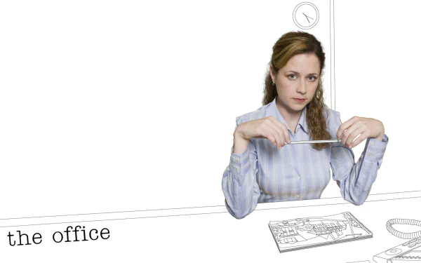 HD wallpaper of a female character from The Office (US) looking tired at her desk, with sketched office elements.