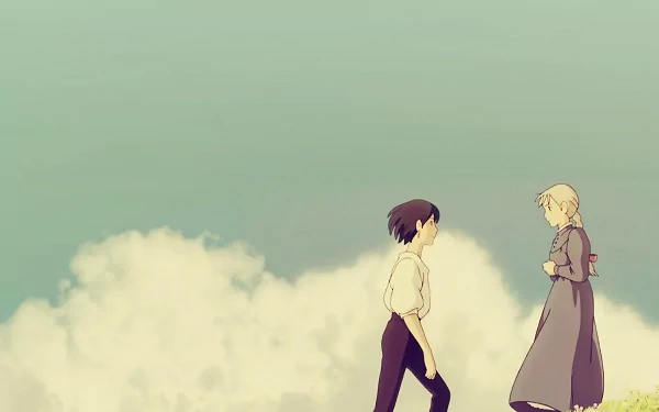 A serene scene from the anime Howl's Moving Castle, featuring two characters walking among fluffy clouds against a soft blue sky, presented as a vibrant HD desktop wallpaper.