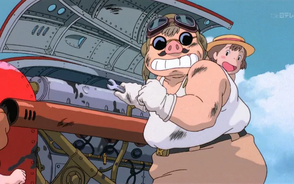 An HD desktop wallpaper featuring characters from the anime Porco Rosso. The scene shows a mechanic pig wearing goggles, cheerfully working on a plane, with a child beside him.
