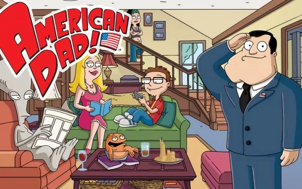 HD wallpaper featuring characters from American Dad! in their living room with the show's logo prominently displayed.