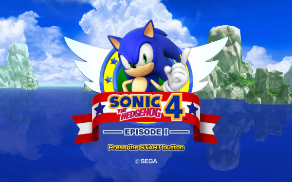 HD desktop wallpaper featuring Sonic the Hedgehog from Sonic The Hedgehog 4: Episode I against a blue sky and ocean backdrop.