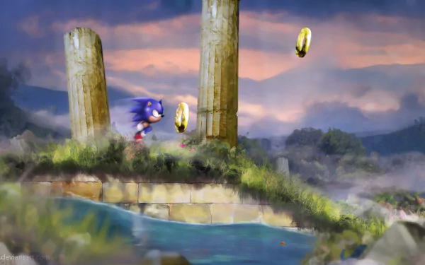 HD desktop wallpaper featuring Sonic the Hedgehog from Sonic & Knuckles, set in a scenic landscape with golden rings.