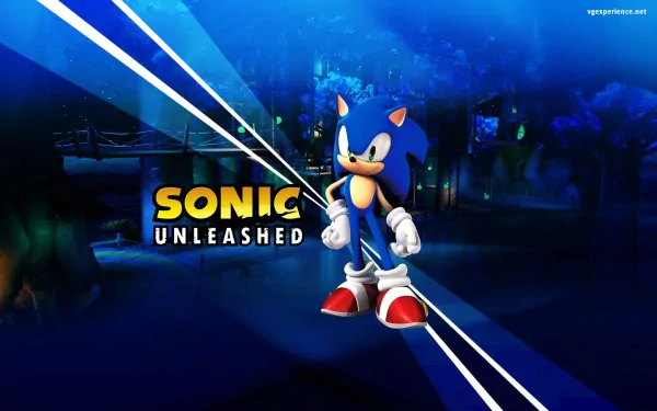 HD wallpaper featuring Sonic the Hedgehog from Sonic Unleashed, with a vivid blue background and game logo.