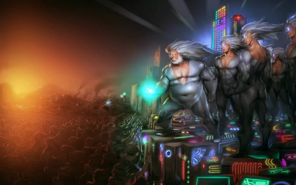 HD desktop wallpaper featuring powerful, muscular figures with steam rising amidst neon-lit, futuristic cityscape.