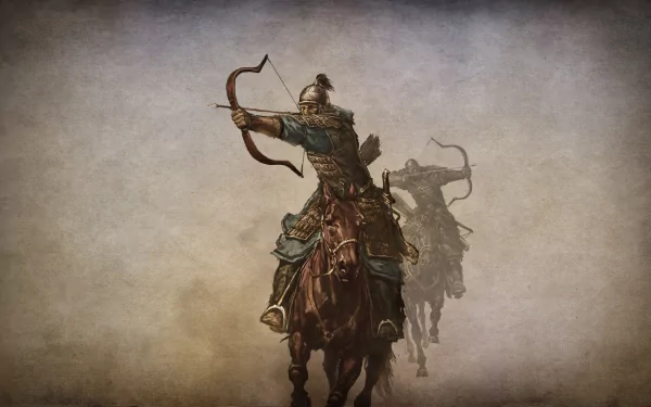 HD PC desktop wallpaper featuring a warrior on horseback drawing a bow, inspired by the video game Mount & Blade.