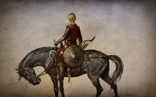 HD PC desktop wallpaper featuring a Mount & Blade video game scene with a medieval warrior riding a horse against a muted background.