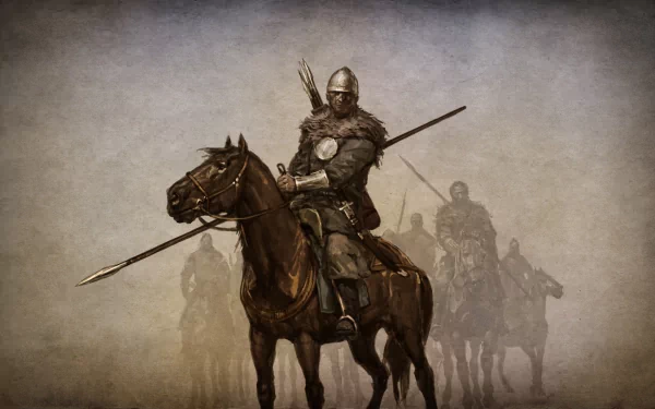 HD PC desktop wallpaper featuring a medieval warrior on horseback from the Mount & Blade video game, set against a foggy, battle-ready backdrop.